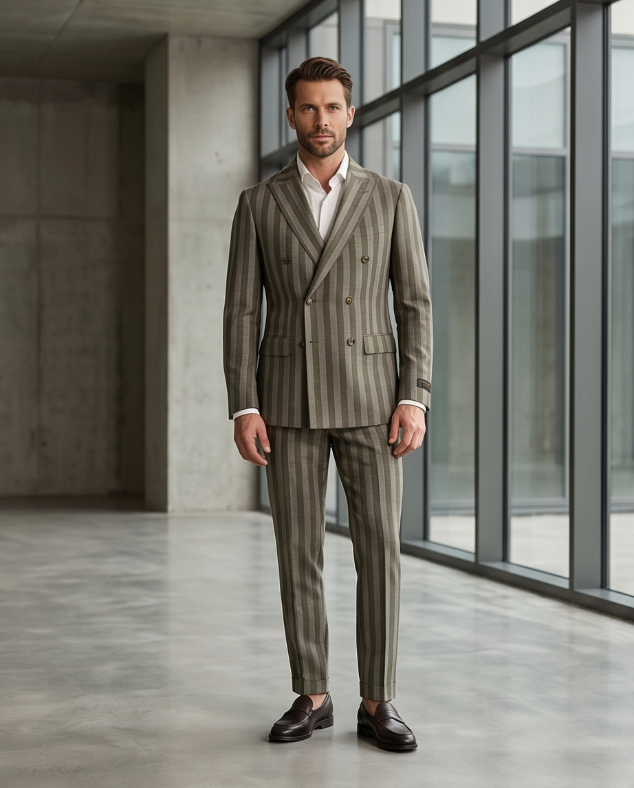 The Executive Stripe: Men’s Slim-Fit Wool-Blend Double-Breasted Suit