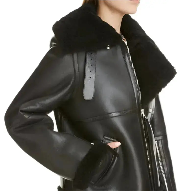 Women’s Black Aviator Leather Jacket with Faux-Fur Lining