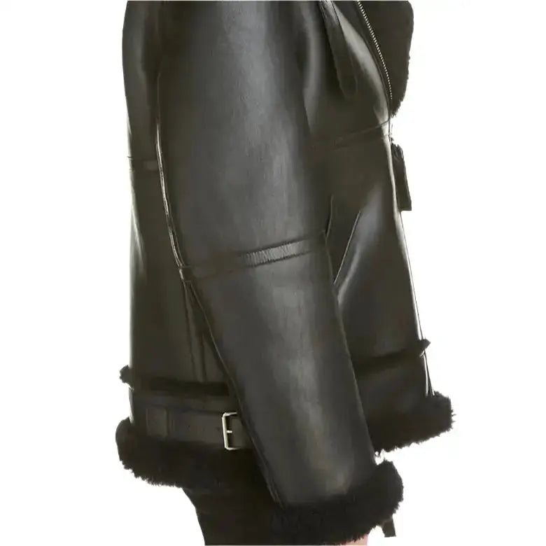 Women’s Black Aviator Leather Jacket with Faux-Fur Lining