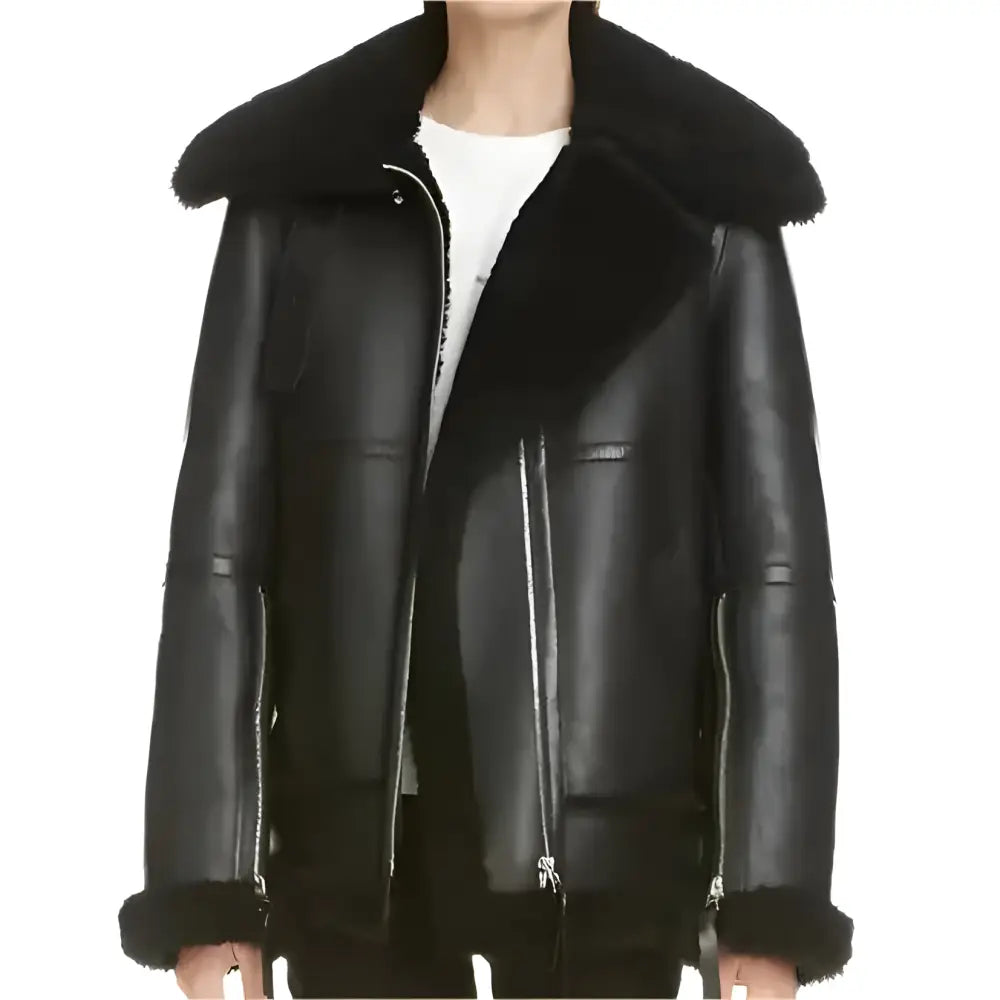 Women’s Black Aviator Leather Jacket with Faux-Fur Lining