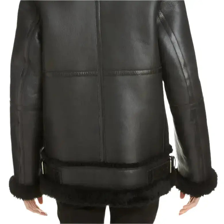 Women’s Black Aviator Leather Jacket with Faux-Fur Lining